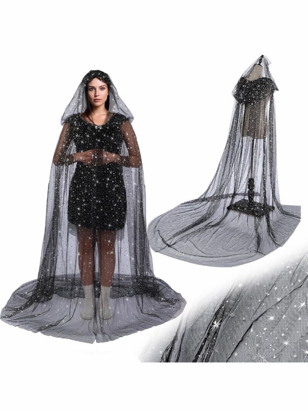 Black Glitter Star Hooded Cape 90" Train Halloween Witch Costume NWOT